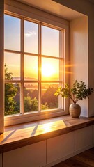 Fototapeta premium Warm sunset beams stream through a window onto a plant-adorned windowsill.
