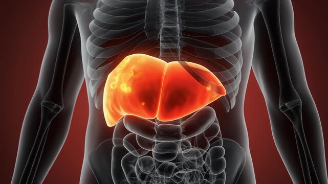 Human Liver Anatomy Illuminated with Disease Progression Against Dark Backdrop Cinematic Medical Animation