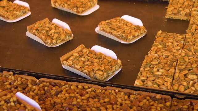Fresh baked nut bars on display table