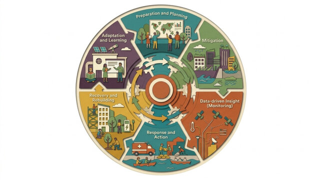 Circular infographic illustrating transportation modes and urban infrastructure with vibrant colors and detailed icons for education and analysis