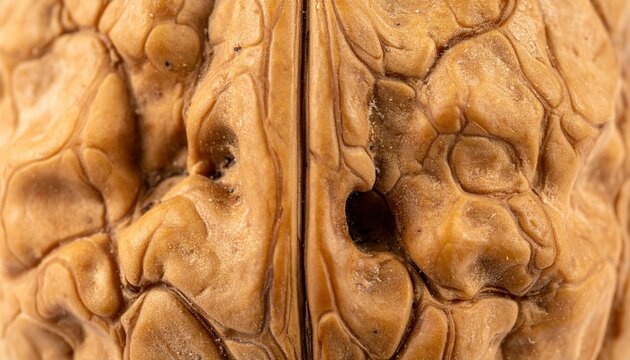 An extreme macro shot of the texture of a brown walnut shell