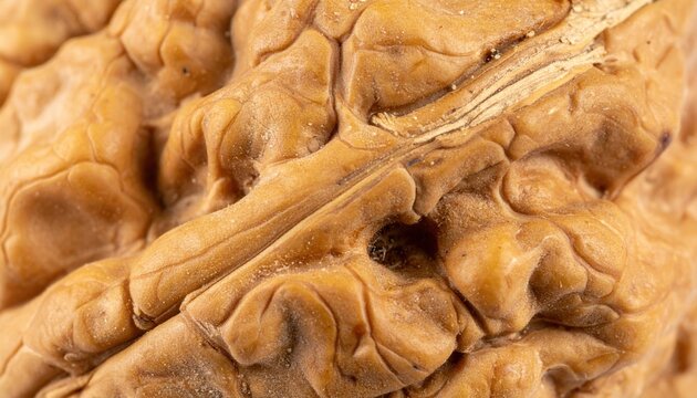 Walnut shell texture macro: An extreme macro close-up shot capturing the highly detailed organic ridges and texture of a dried brown walnut shell, packaging design element.