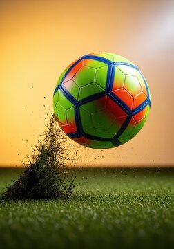 A soccer ball is forcefully launched from the turf of a stadium field, capturing the intense motion and impact of a powerful goal kick, shoe, speed, victory