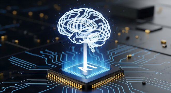A photo-realistic digital brain hologram glows over a central processing unit on a modern electronic circuit board.