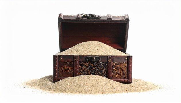 An antique wooden chest emerges from golden sand, symbolizing hidden treasures, forgotten stories, and the timeless allure of discovery beneath the surface of history.