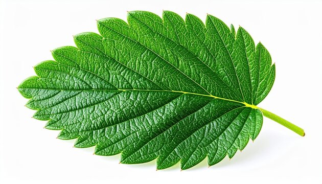 Strawberry leaf isolated: A single fresh green strawberry leaf showing detailed jagged margins, isolated on a pure white background.