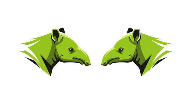 Two Green Aardvark Heads Facing Each Other.