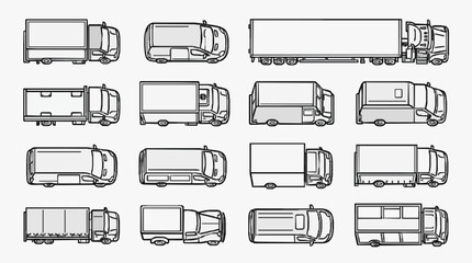 Sleek Black and White Line Drawing Illustrations of Various Types of Vehicles and Trucks with high quality professional line art symbols for modern creative design and digital branding projects © Indi