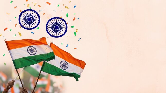 Happy indian independence day 15 august waving tricolor flags with ashoka chakra and festive confetti celebration