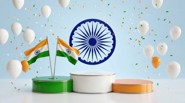 Happy indian independence day 15 august tricolor flags ashoka chakra celebration podium