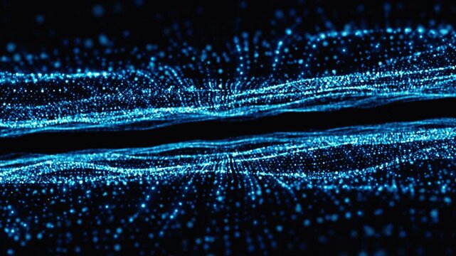 Blue particles ripple in dark space, forming flowing waves