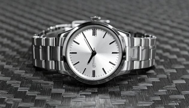 A sleek silver analog watch lying flat on a carbon fiber weave mat