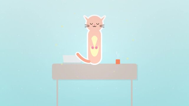 Cute Kawaii Cartoon Cat Stretching at Desk Animation