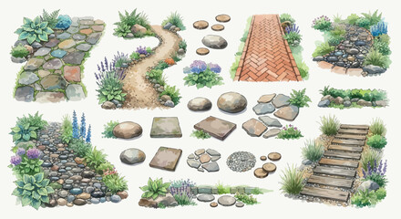Watercolor garden path elements with stones bricks and foliage © Anupom