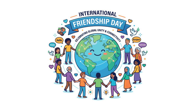 International friendship day vector illustration with people around the earth