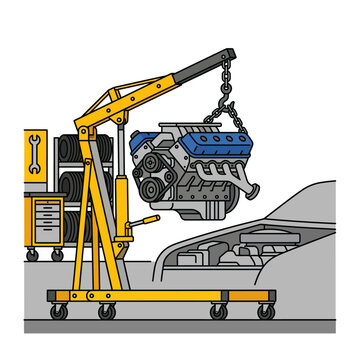 Car engine removal process using hydraulic crane hoist in automotive repair shop garage maintenance service vector illustration on white