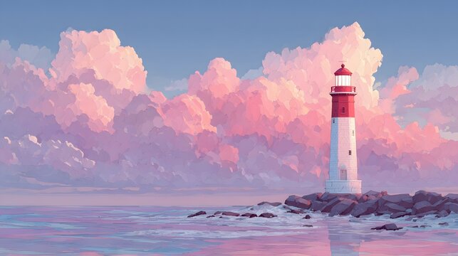 Lighthouse on a rocky shore under large pink pastel clouds and gentle blue ocean waves vector art.