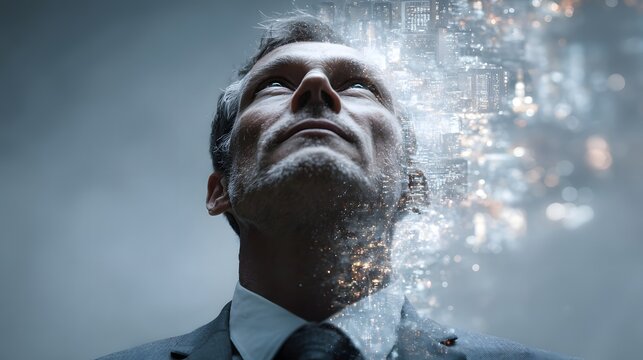 Double exposure portrait of a businessman looking up combined with a glowing city skyline at night.