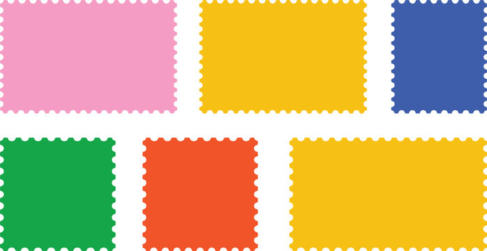 Colorful rectangular stamp frame stickers with scalloped edges, scalloped