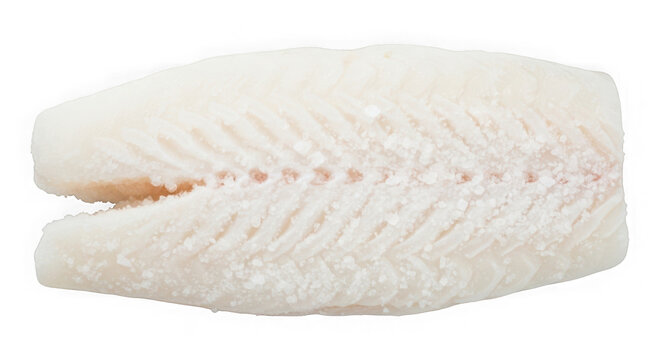 Raw white fish fillet with ice crust isolated on transparent background for food design.