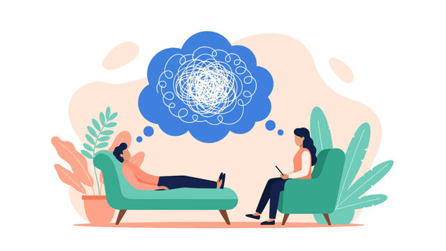 Mental Health Therapy Session flat illustration of patient on couch and psychologist with tangled thought bubble ideal for psychology blogs and counseling services.