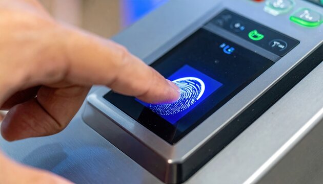 A close-up of a hand scanning a fingerprint on a security reader