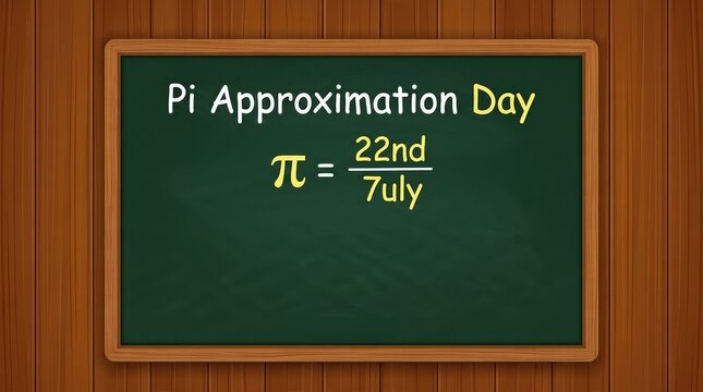 Pi Approximation Day text formula handwritten in green chalk on a classic wooden frame classroom school chalkboard