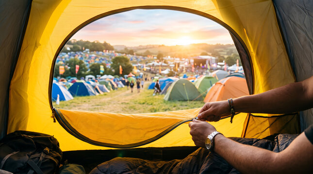 View from inside yellow camping tent looking at festival campground