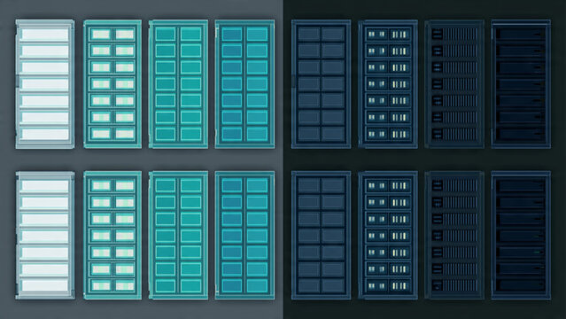 Modern data center server racks with blue and gray colors and illuminated server panels for technology and computing environments