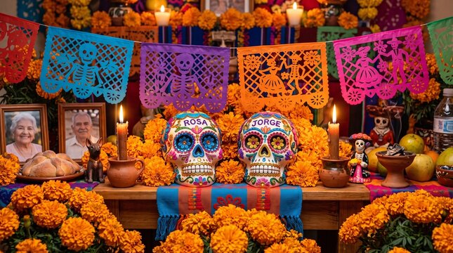 Colorful D&iacute;a de los Muertos altar with marigolds and sugar skulls.