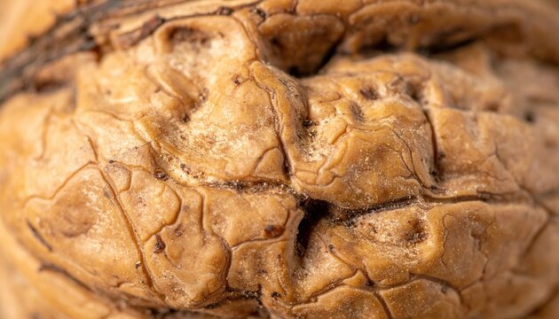 An extreme macro shot of the texture of a brown walnut shell