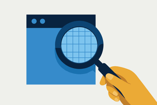 Hand holding a large magnifying glass over a blue web browser window representing internet search, research, and information discovery.