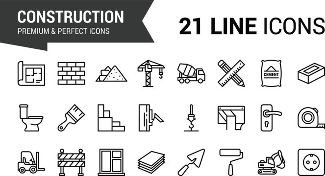 Construction and architecture line icons set featuring blueprints brick wall heavy machinery tools blueprint and engineering gear vector