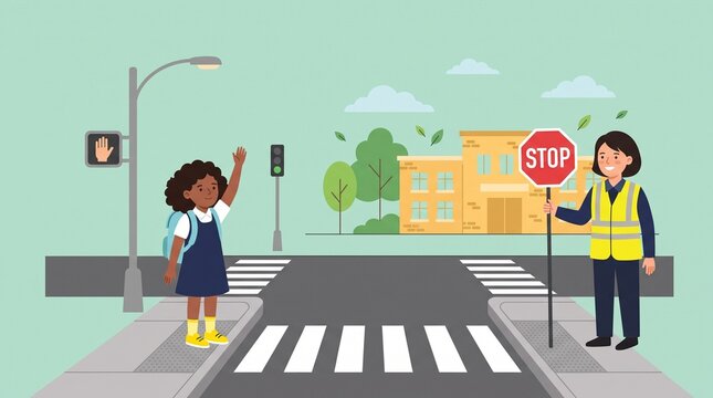 親子で安全に横断歩道を渡るイラスト