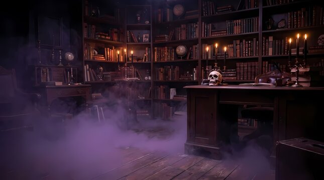 Spooky gothic library with fog and skull.