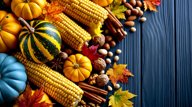 An assortment of pumpkins, corn, nuts, cinnamon sticks, and autumn leaves are arranged on a dark blue wooden surface.