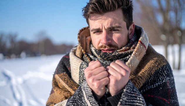 A shivering man wrapped tightly in a thick wool blanket, rubbing his hands together to stay warm in the cold weather.