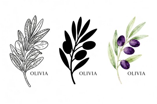 Three Olive Branch Designs with 'Olivia' Text