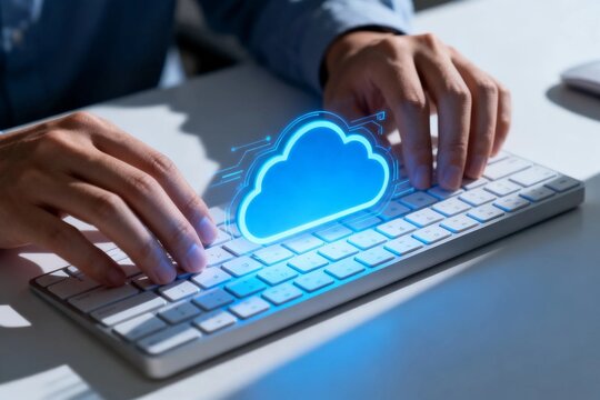 Hands typing on keyboard with glowing cloud icon
