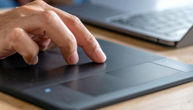 A close-up of a hand navigating with a wireless trackpad device surface area