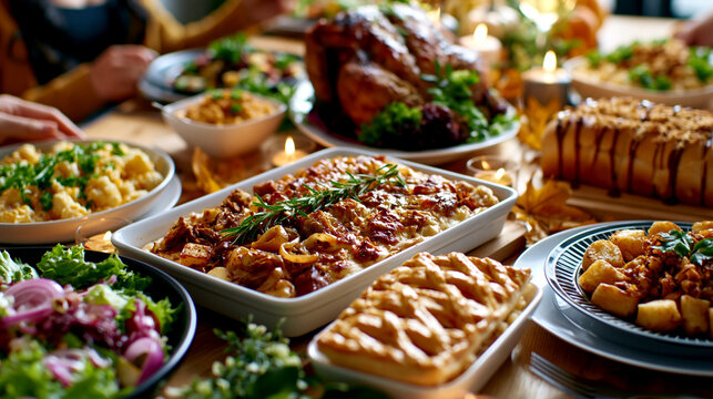 A bountiful Thanksgiving feast is spread across a wooden table, featuring a roasted turkey, casseroles, a pie, and a fresh salad.