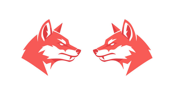 Two red fox heads facing each other symmetrically.