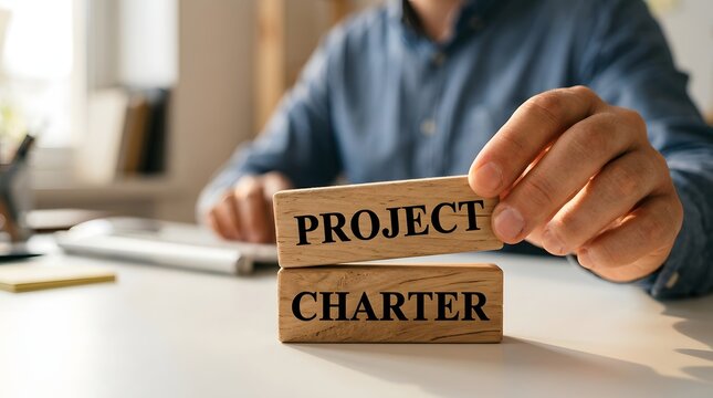Businessman Stacking Wooden Blocks with Project Charter Text for Management Concept