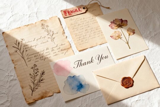 Vintage stationery with dried flowers and handwritten notes