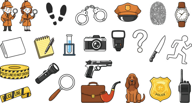 Detective and crime scene investigation elements collection featuring inspectors footprints handcuffs evidence tools and bloodhound doodle vector