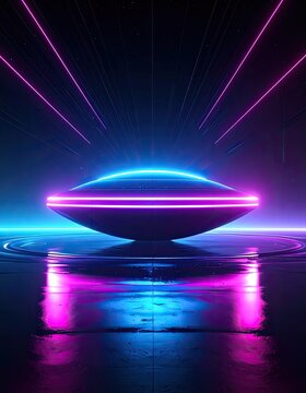 A futuristic neon-lit saucer hovers above a wet surface reflecting vibrant pink and blue lights against a starry, dark sky.