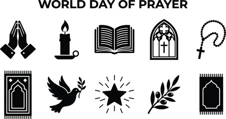 Fototapeta premium World day of prayer religious symbols and icons set featuring prayer hands, candle, book, church, rosary, mosque, olive branch, star, dove and more