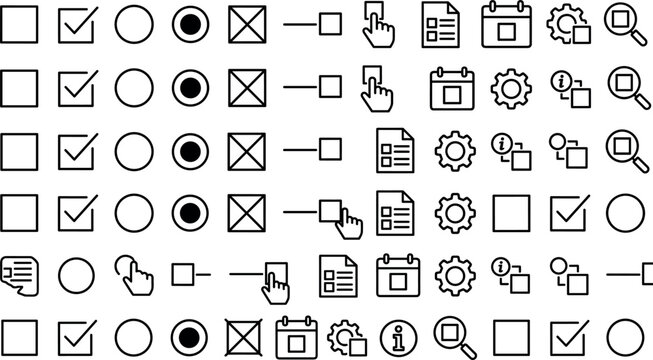 Vector line art UI icon set featuring checkboxes radio buttons calendar settings document checklist and web interface navigation elements isolated on white background