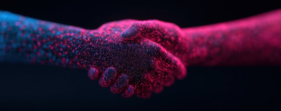 Digital handshake with blue and pink particle effects representing abstract network connectivity and modern business technology partnership concept