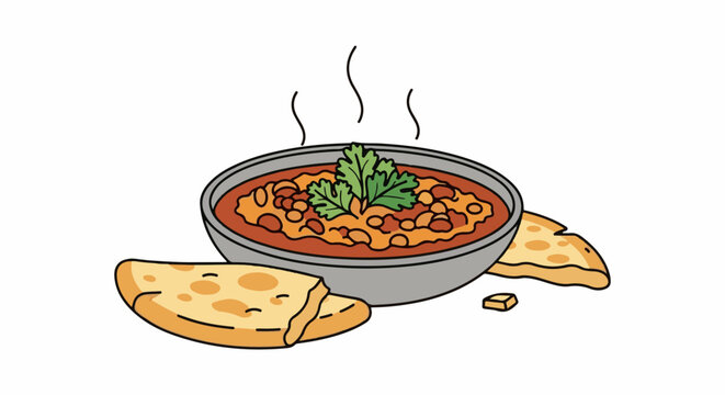 A steaming bowl of hearty bean stew with flatbread on the side